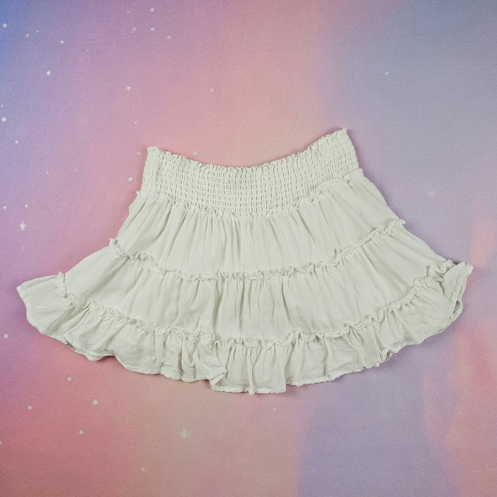 Gilli Tiered Mini Skirt Womens Medium White‎ Smocked Ruffle Boho  Cottagecore
